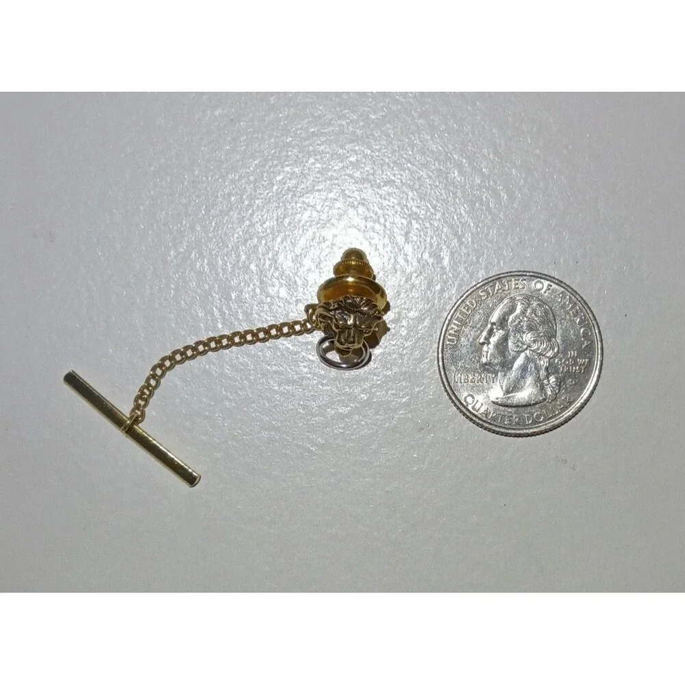 Vintage Swank Gold Tone Lion Head Door Knocker Tie Tack with Safety Chain & Bar
